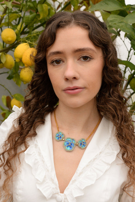 BLUE PANSY BEADED NECKLACE