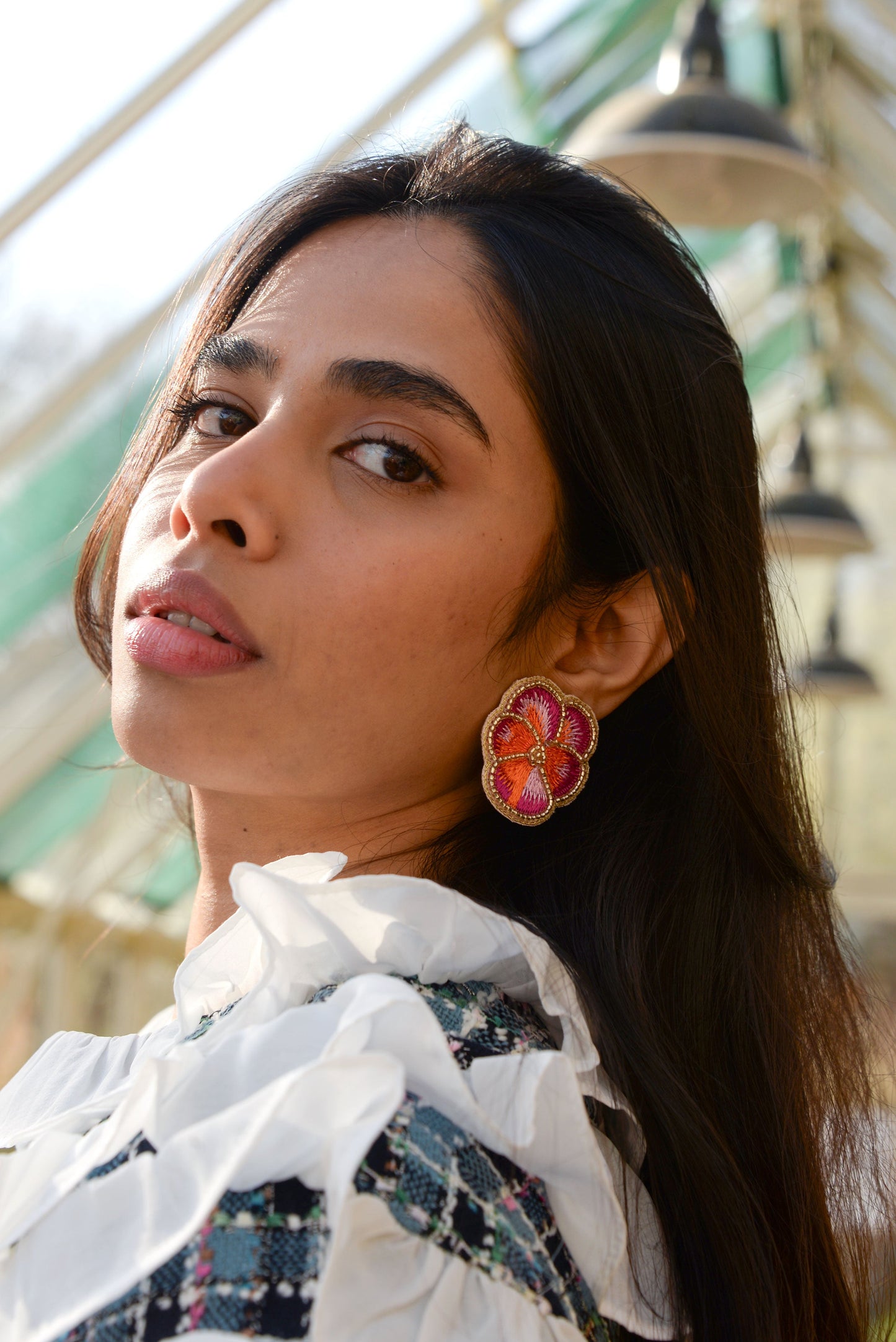PINK PANSY STUD BEADED EARRINGS