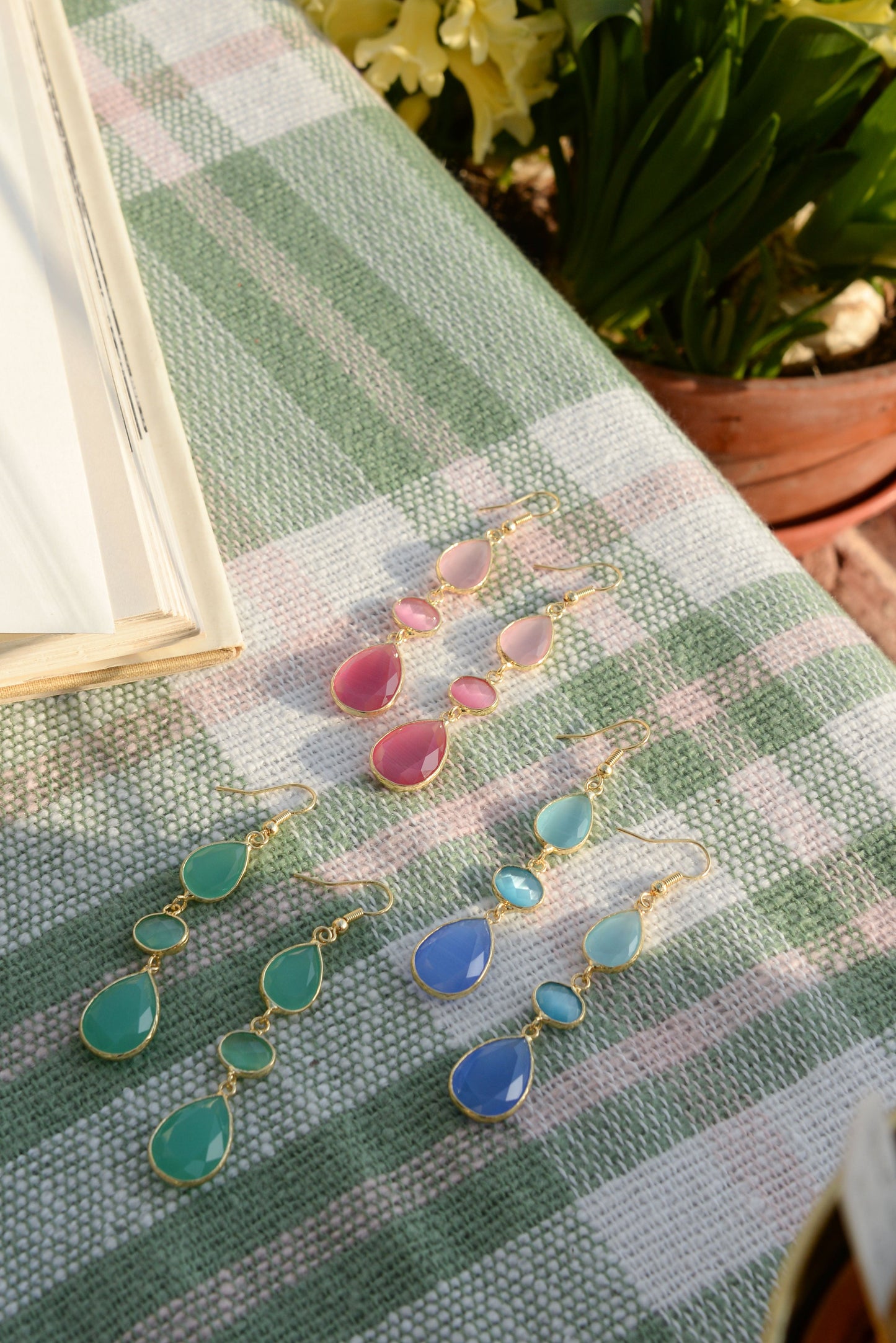 GREEN TRIPLE GEMSTONE DROP EARRINGS