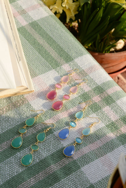 BLUE TRIPLE GEMSTONE DROP EARRINGS
