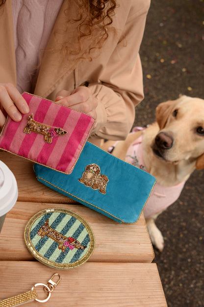 SAUSAGE DOG ON STRIPE BEADED COASTER