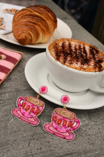 SPARKLY PINK COFFEE CUP BEADED EARRINGS