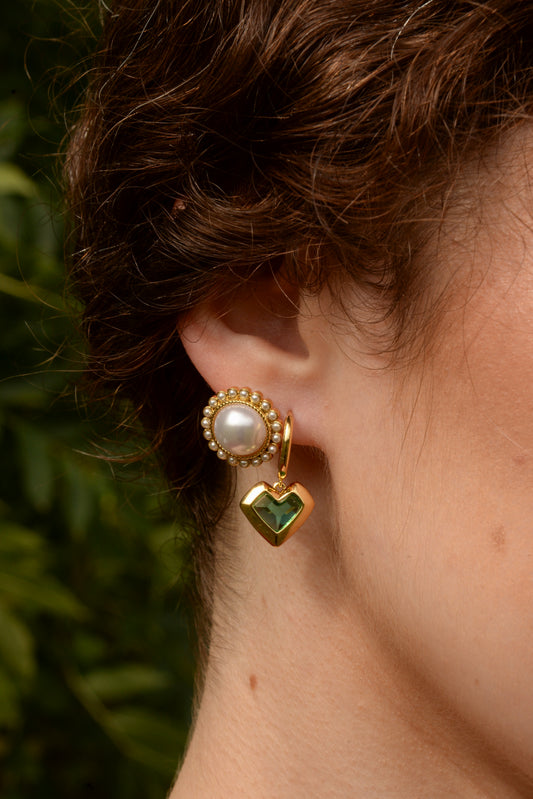 GREEN GLASS HEART GOLD HUGGIE EARRINGS