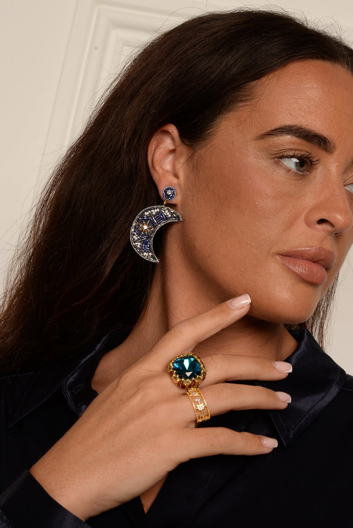 BLUE AND SILVER BEADED MOON EARRINGS
