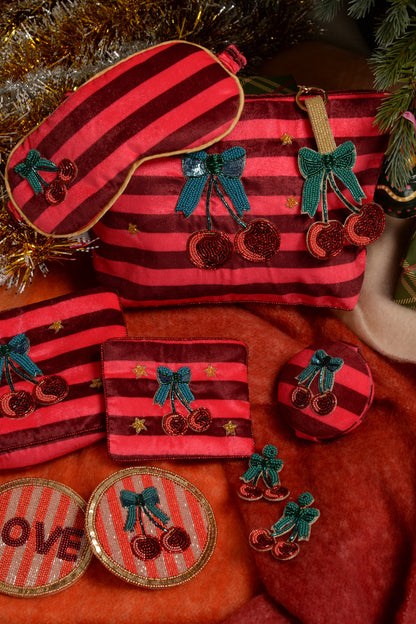 CHERRY AND BOW ON STRIPE SLEEP MASK AND BAG