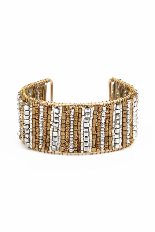 GOLD AND SILVER WRAPPED BEADED CUFF BRACELET