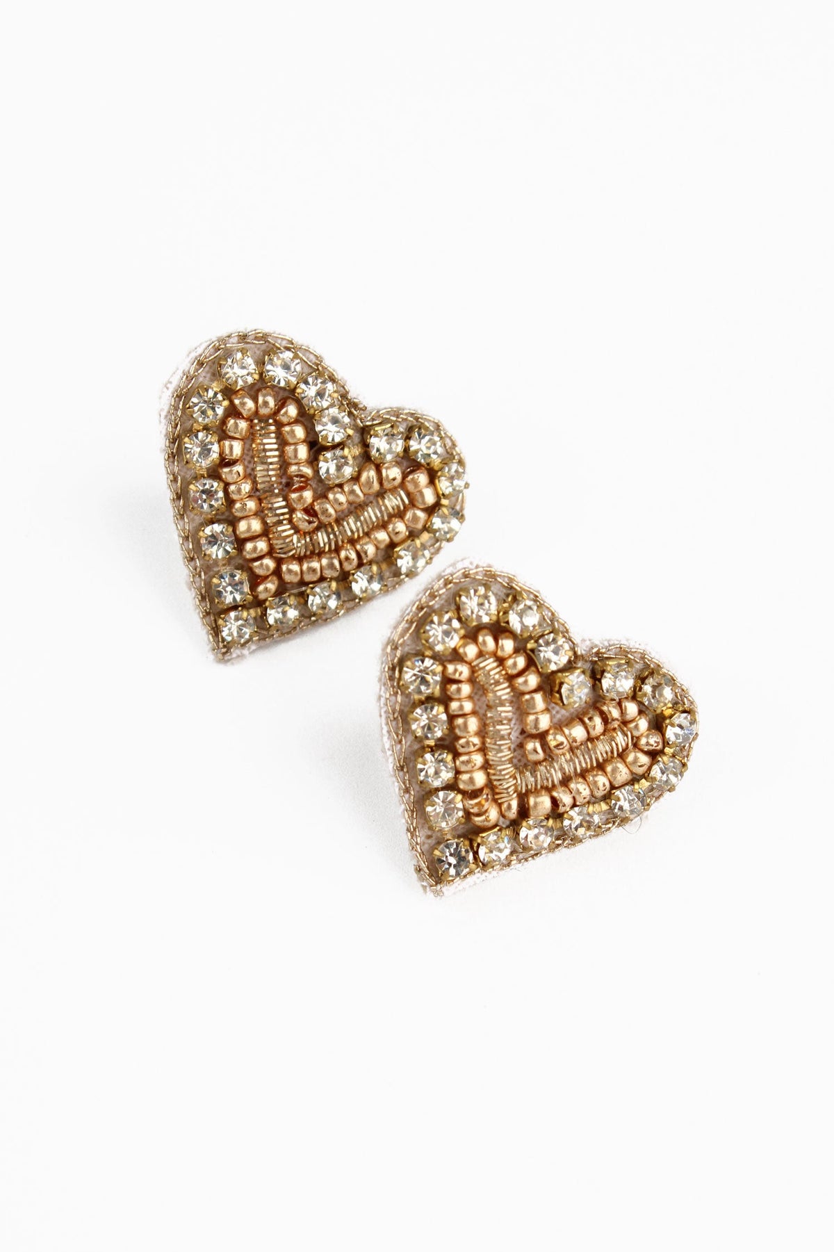 GLITZY GOLD BEADED HEART STUDS