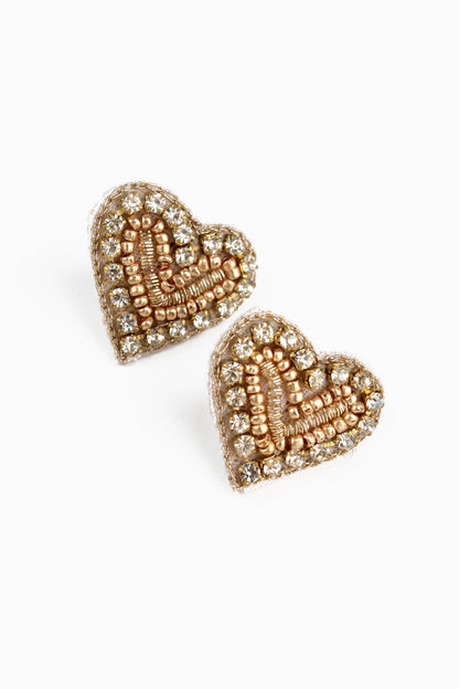 GLITZY GOLD BEADED HEART STUDS