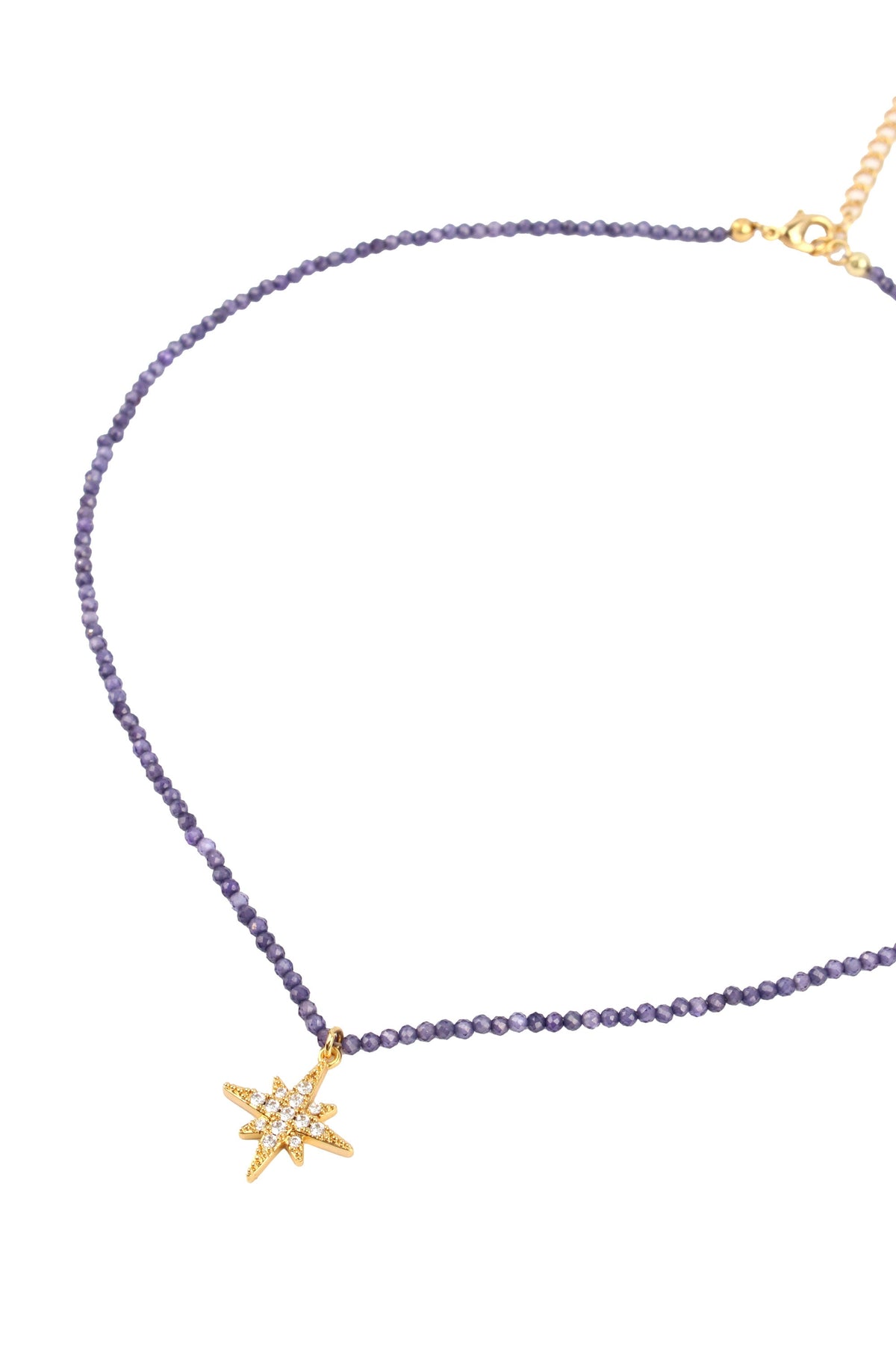 GOLD CZ STAR CHARM ON BLUE BEADED NECKLACE