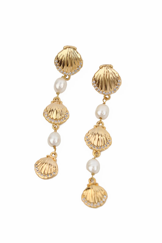 GOLD SHELL AND PEARL DROP EARRINGS
