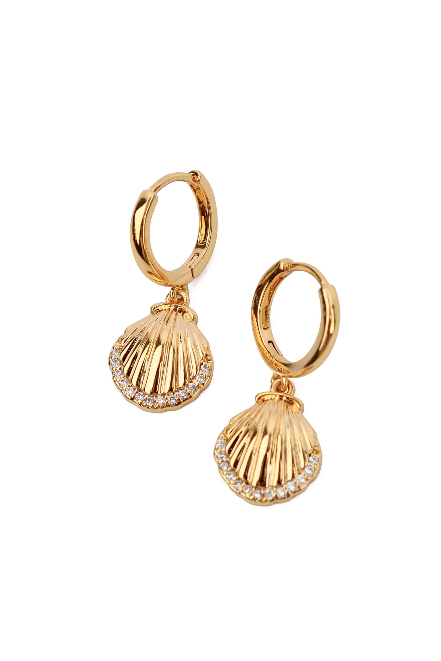GOLD SHELL DROP HUGGIE HOOP EARRINGS
