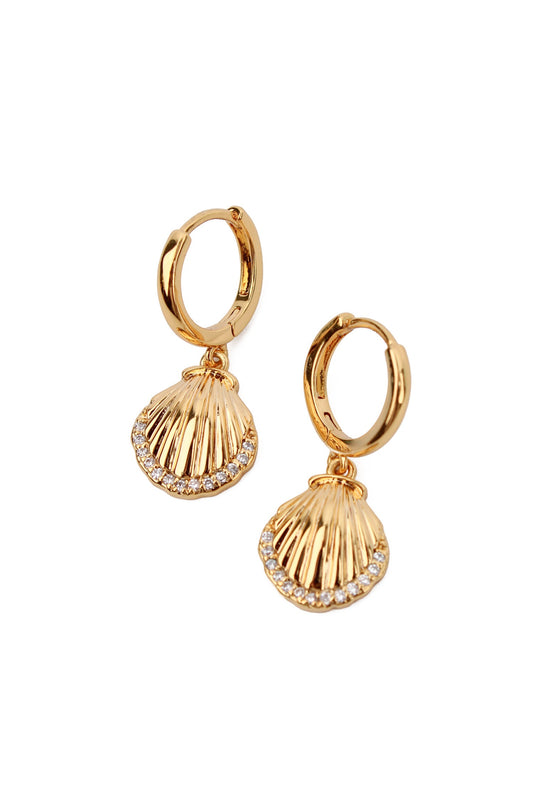 GOLD SHELL DROP HUGGIE HOOP EARRINGS