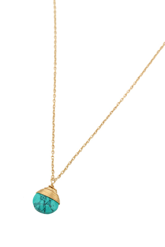GOLD TURQUOISE BLUE WRAPPED PENDANT NECKLACE
