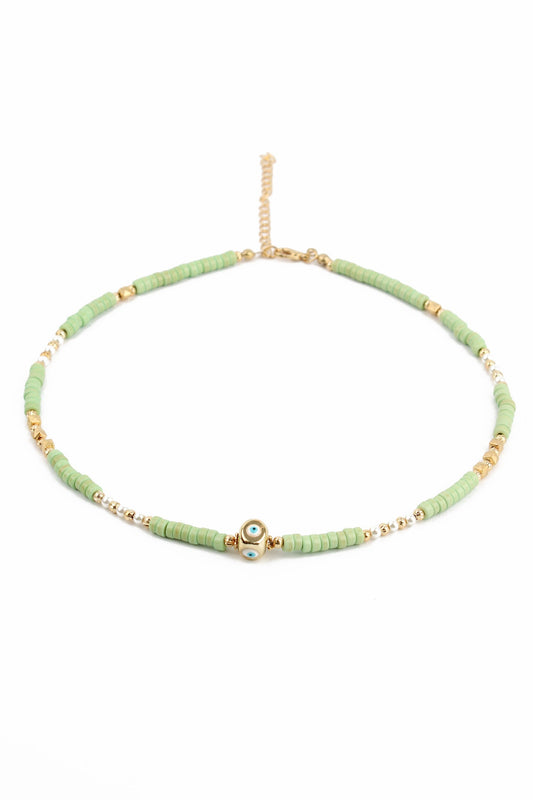 GREEN BEADED AND GOLD EYE CHARM NECKLACE