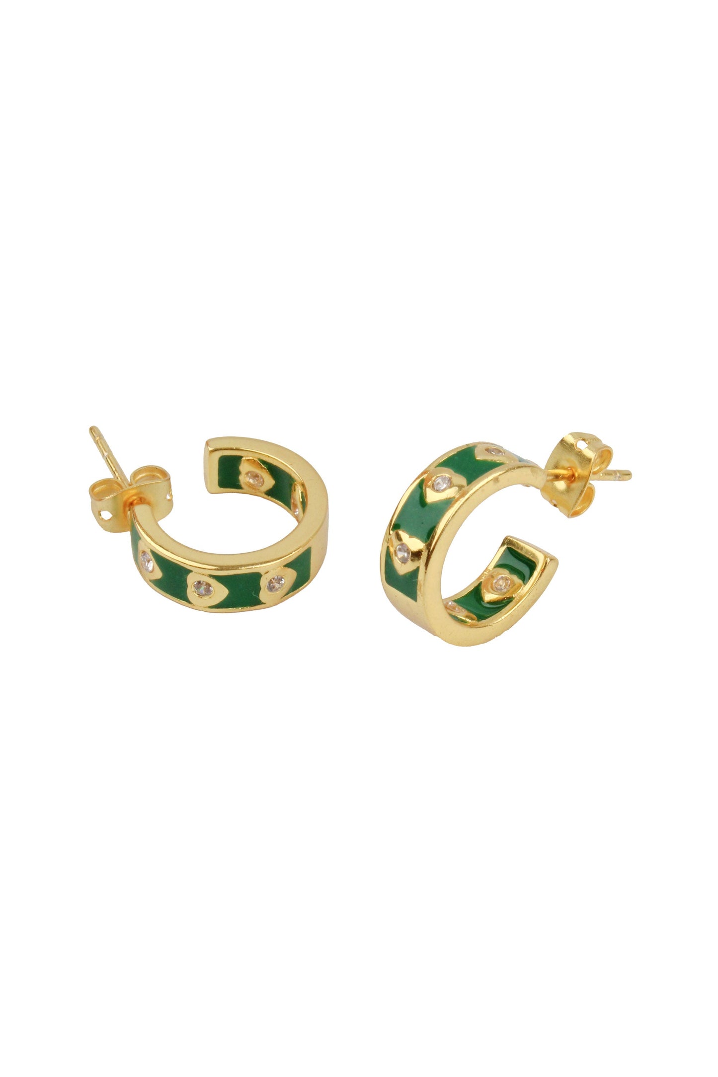 GREEN CRYSTAL HEART ENAMEL HOOPS