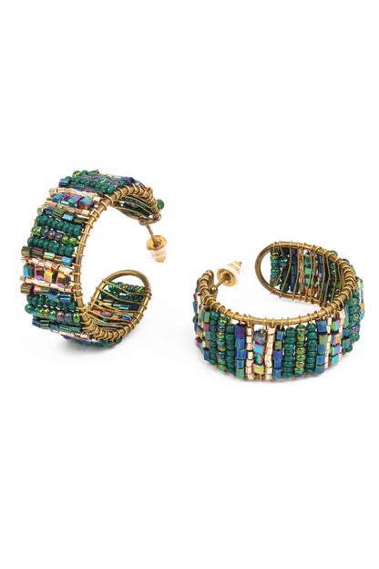 GREEN HOOP WRAPPED BEADED EARRINGS