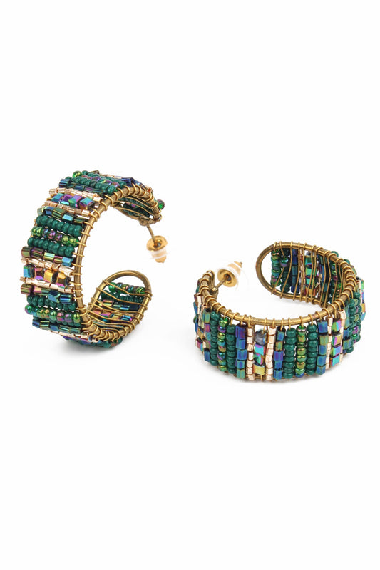 GREEN HOOP WRAPPED BEADED EARRINGS
