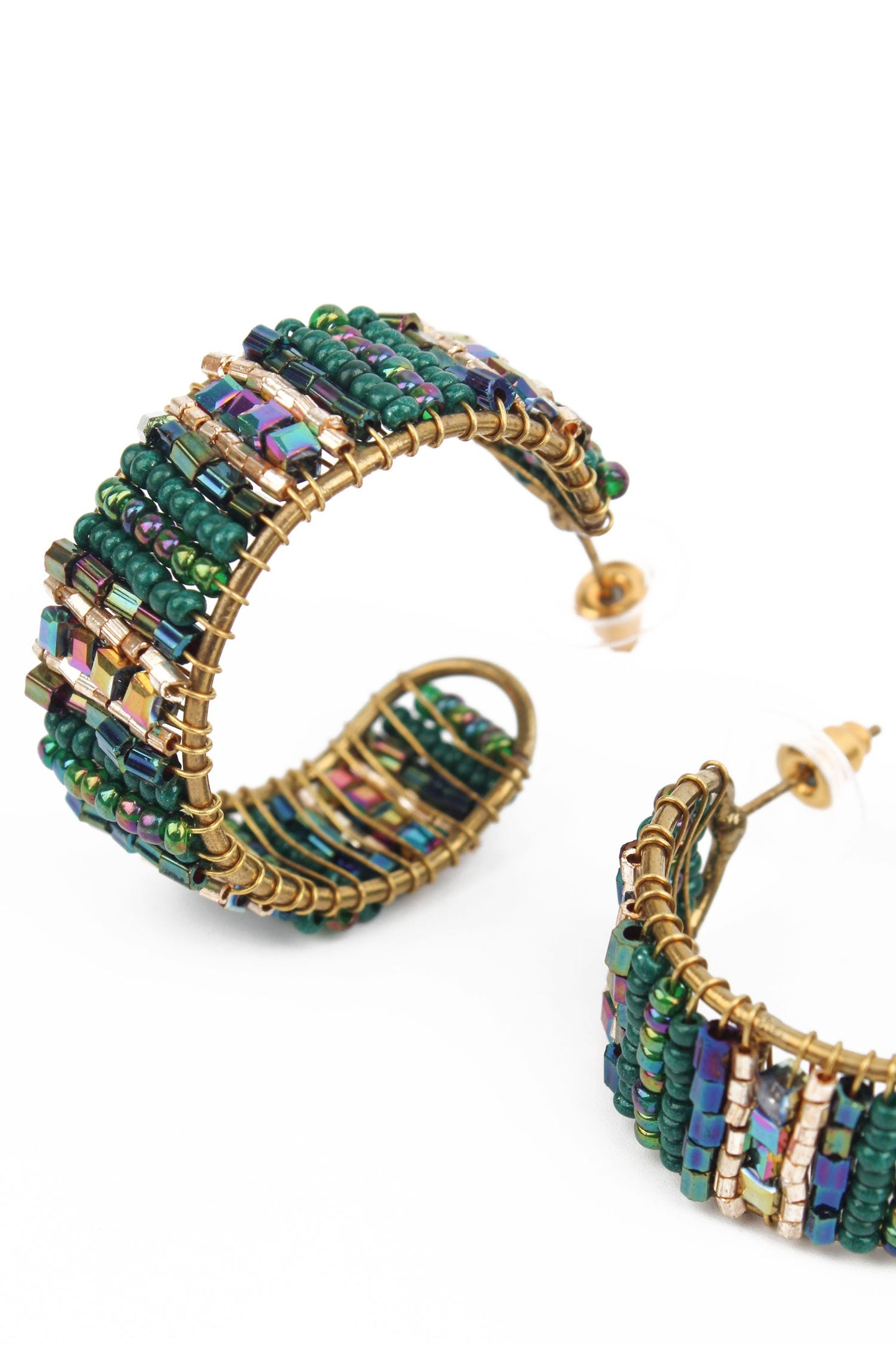 GREEN HOOP WRAPPED BEADED EARRINGS