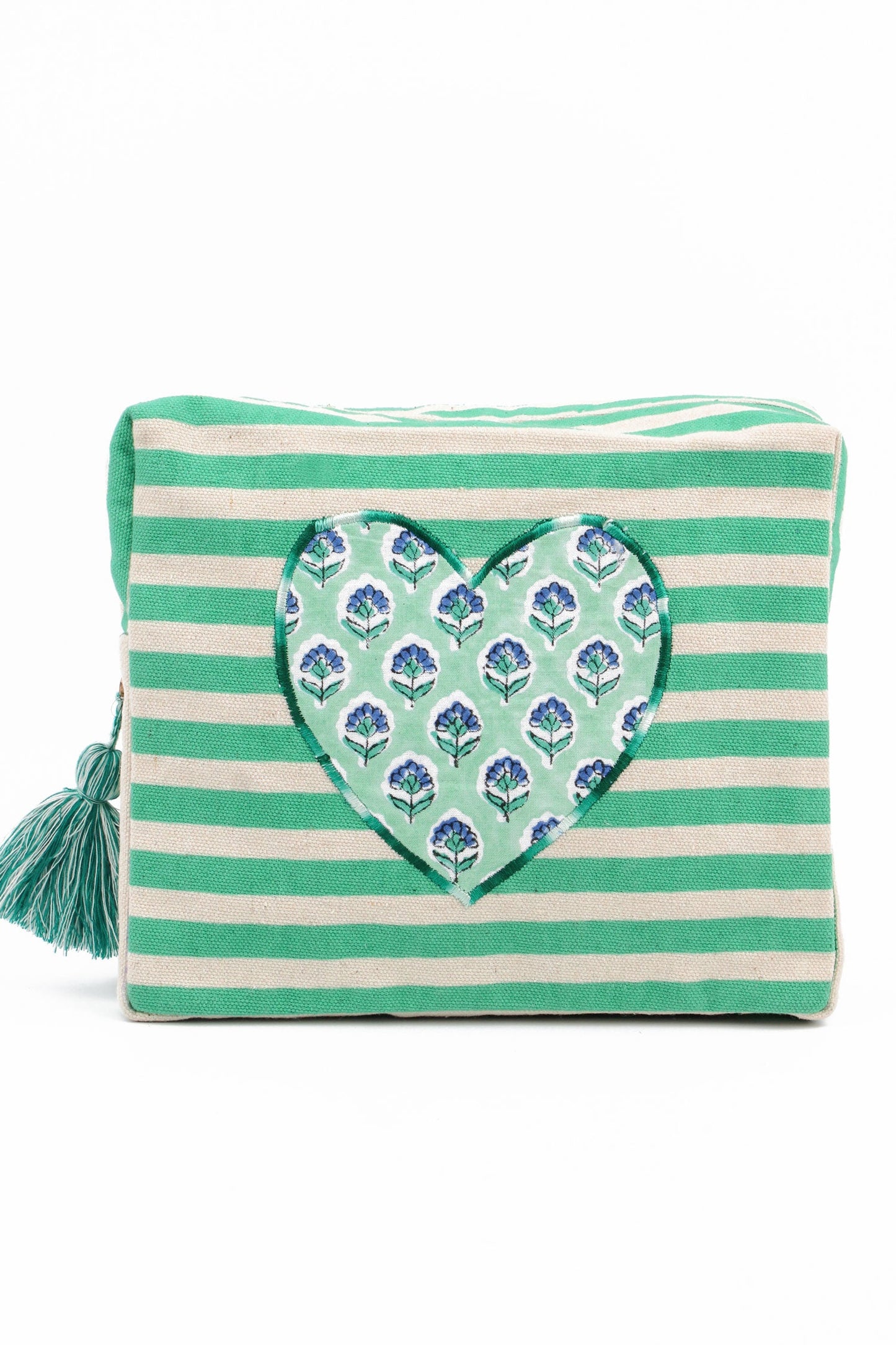 GREEN STRIPE HEART MEDIUM POUCH