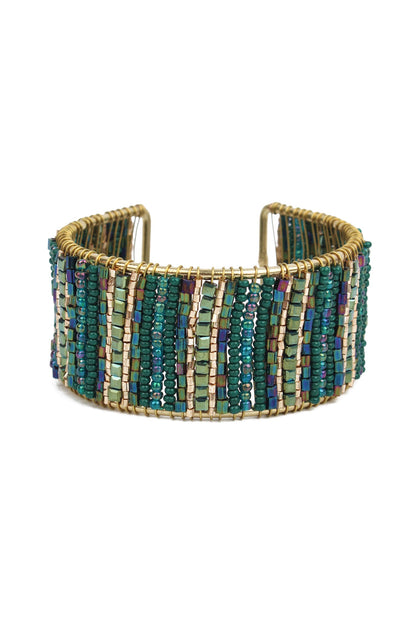 GREEN WRAPPED BEADED CUFF BRACELET