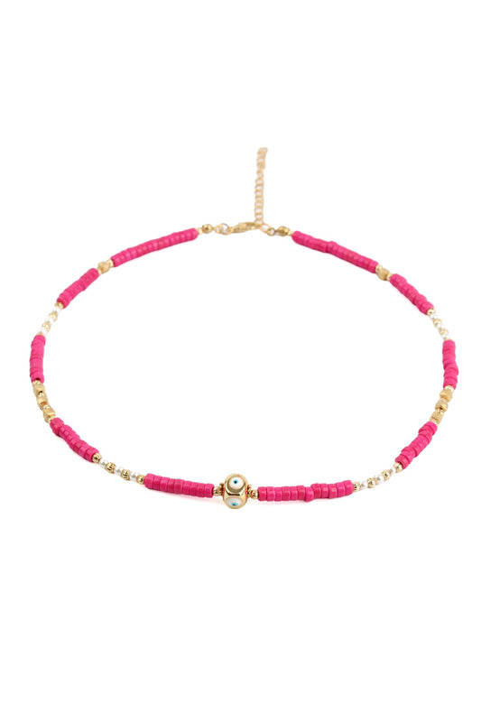 HOT PINK BEADED AND GOLD EYE CHARM NECKLACE