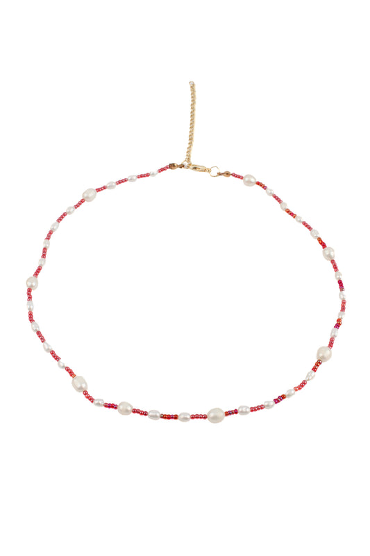 RED BEAD & PEARL NECKLACE