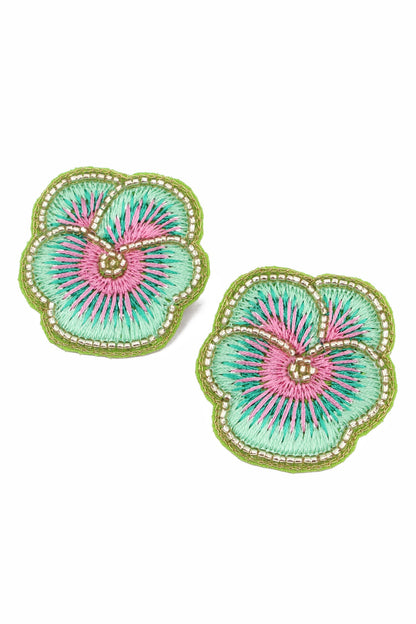MINT GREEN PANSY STUD BEADED EARRINGS