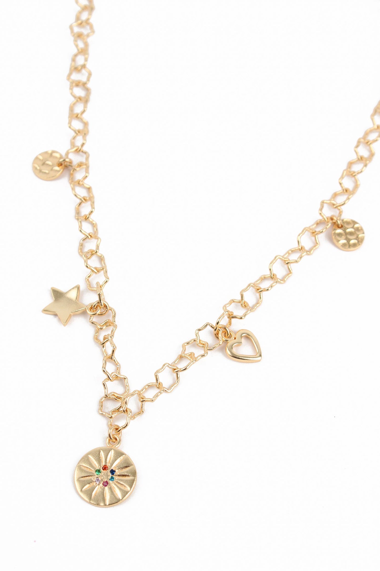 NECKLACE WITH MULTI STONES DISCS, HEART AND STAR CHARMS