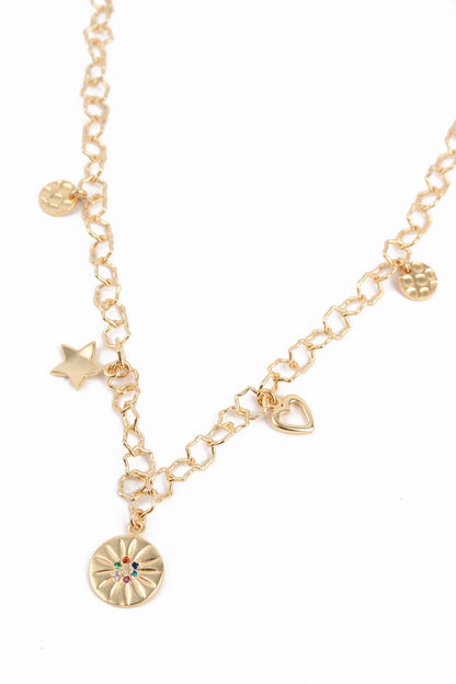 NECKLACE WITH MULTI STONES DISCS, HEART AND STAR CHARMS