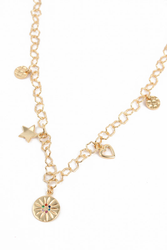NECKLACE WITH MULTI STONES DISCS, HEART AND STAR CHARMS