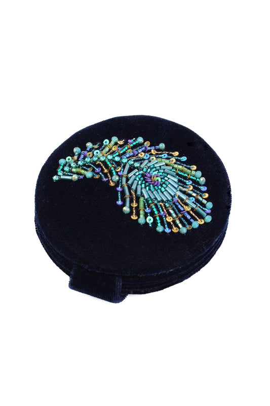 PEACOCK FEATHER ON NAVY COMPACT MIRROR