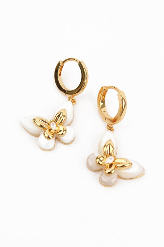 PEARL BUTTERFLY CHARM GOLD HUGGIE HOOP EARRINGS