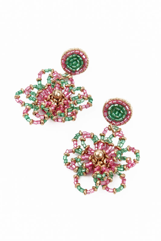 PINK AND GREEN BEADED FLOWER EARRINGS