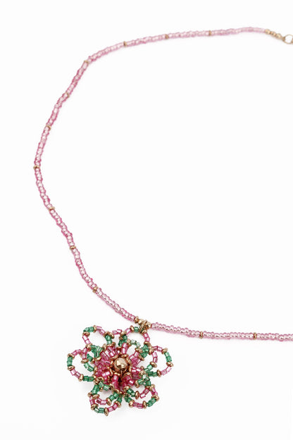 PINK AND GREEN FLOWER BEADED NECKLACE