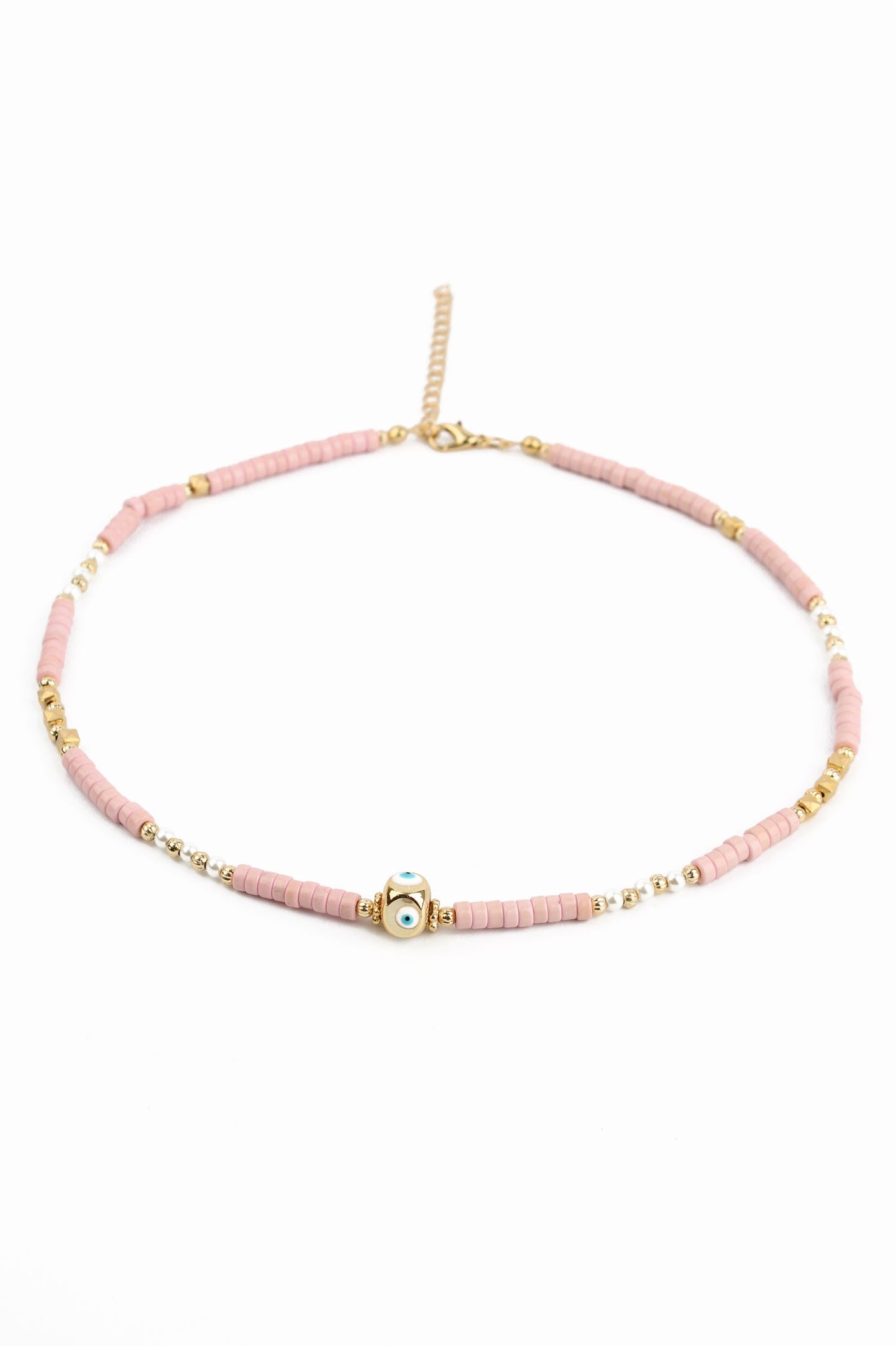PINK BEADED AND GOLD EYE CHARM NECKLACE