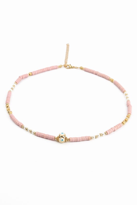 PINK BEADED AND GOLD EYE CHARM NECKLACE
