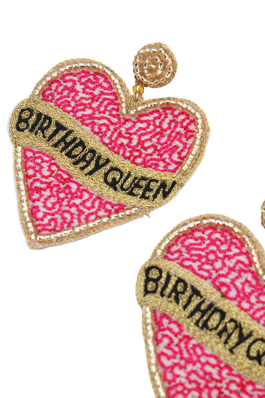PINK BEADED BIRTHDAY QUEEN HEART EARRINGS