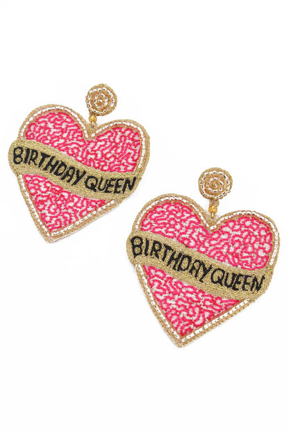 PINK BEADED BIRTHDAY QUEEN HEART EARRINGS