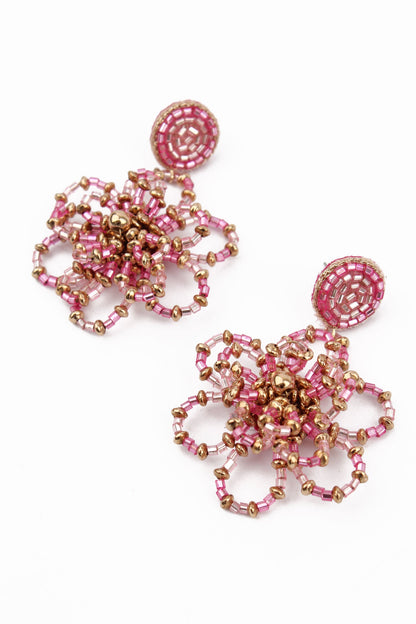 PINK BEADED FLOWER EARRINGS