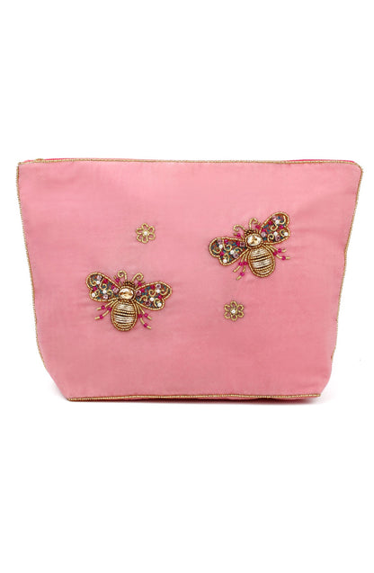 PINK FLOWER DOUBLE BEE LARGE POUCH