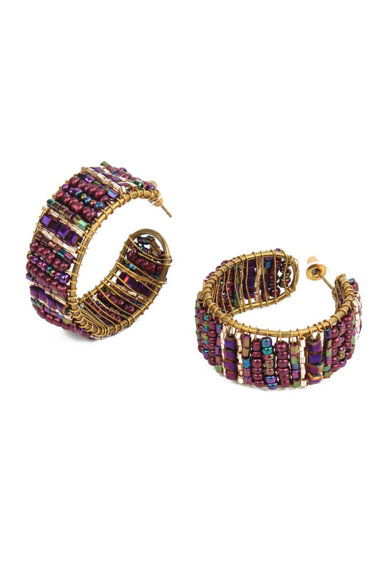 PURPLE HOOP WRAPPED BEADED EARRINGS