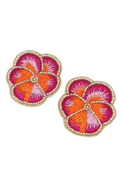 PINK PANSY STUD BEADED EARRINGS