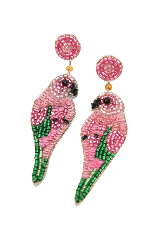 PINK PARROT BIRD BEADED EARRINGS