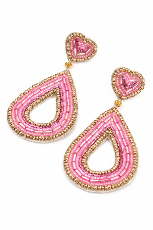 PINK TEARDROP HEART BEADED EARRINGS