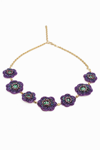PURPLE COLOUR BEADED EMBROIDERY FLOWER NECKLACE