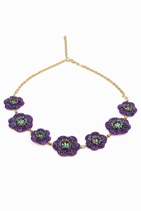 PURPLE COLOUR BEADED EMBROIDERY FLOWER NECKLACE