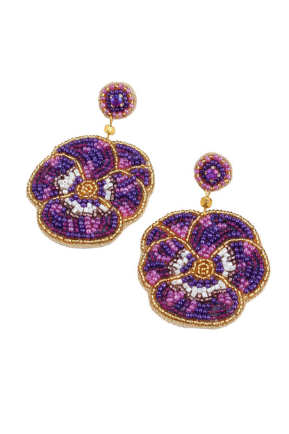 PURPLE WINTER PANSY BEADED EARRINGS