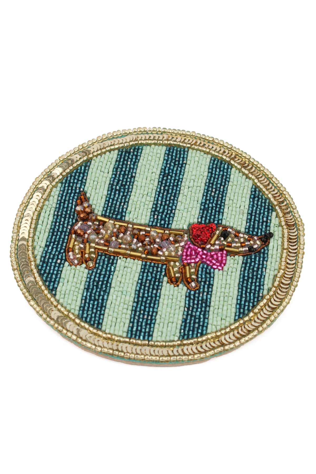 SAUSAGE DOG ON STRIPE BEADED COASTER