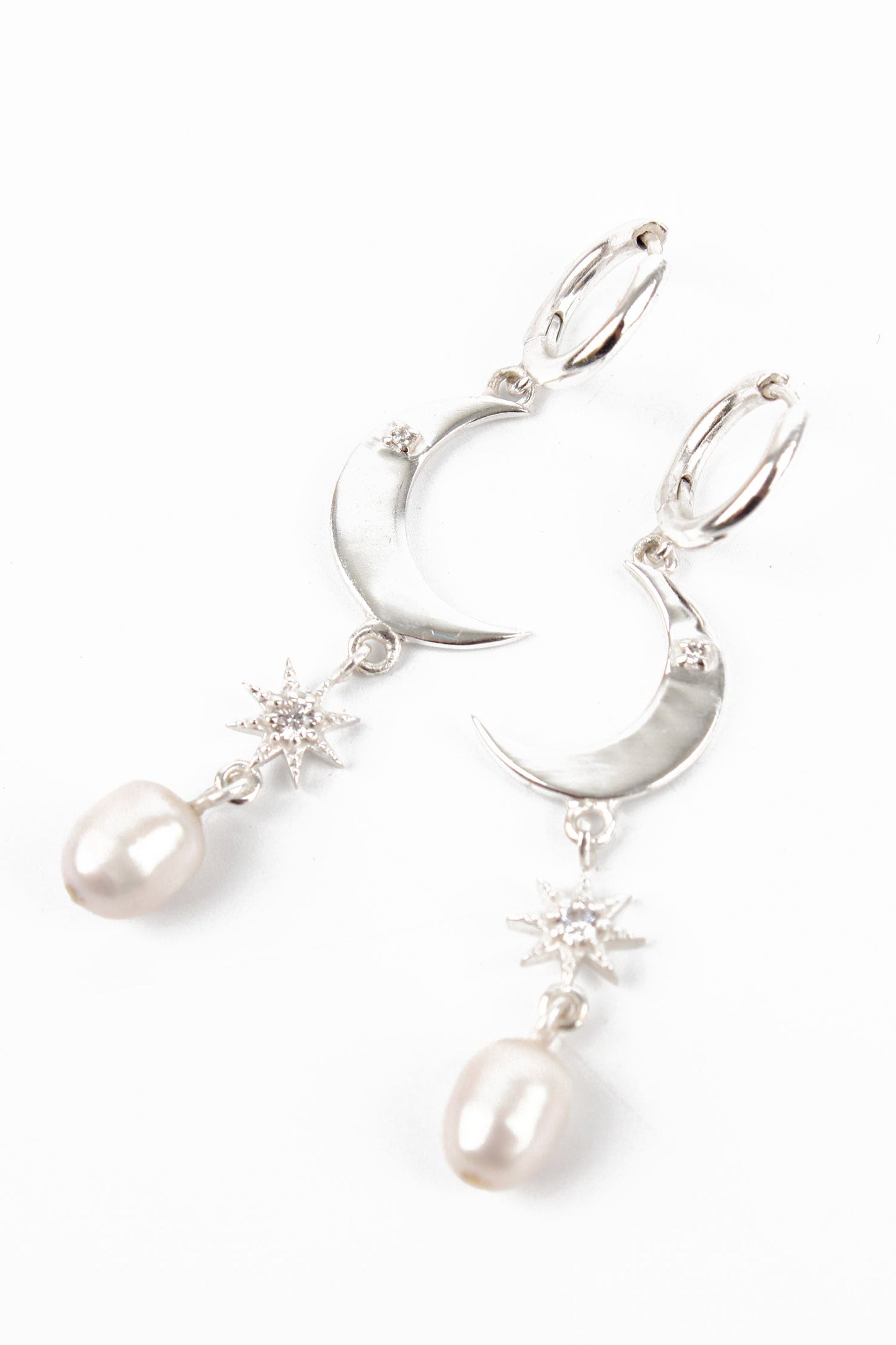 SILVER MOON & STAR WITH PEARL HUGGIE HOOP EARRINGS