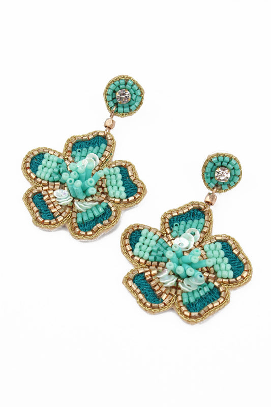 TURQUOISE FLOWER BEADED EARRINGS